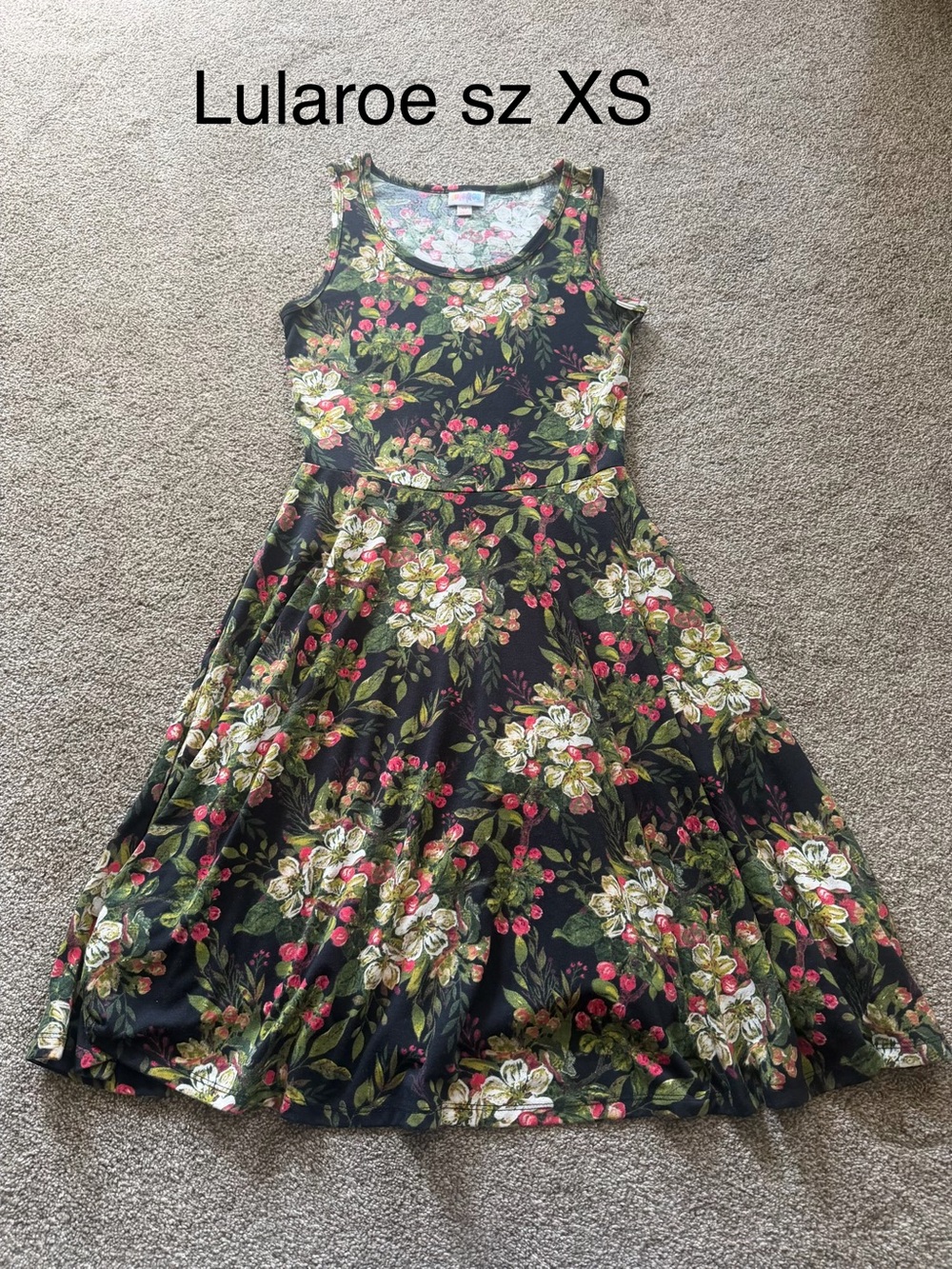 LuLaRoe Black Floral Fit & Flare Dress with Green Leaves and Pink Blooms Sz XS